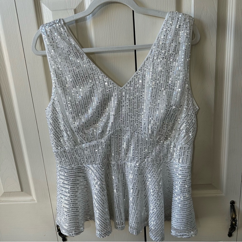 Grace Karin Sleeveless Sequins Silver Metallic V-Neck Peplum Top Womens Size XL